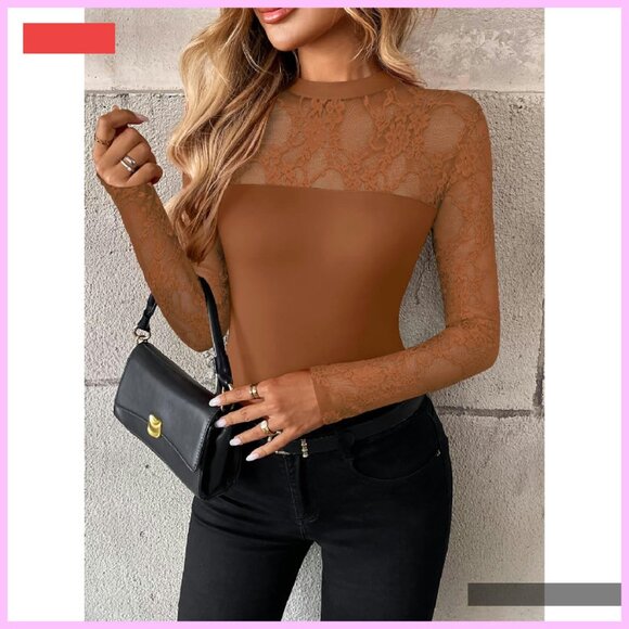 Sheer Lace Mesh Long Sleeve Blouse for Women, Sexy Going Out Top - Picture 3 of 4